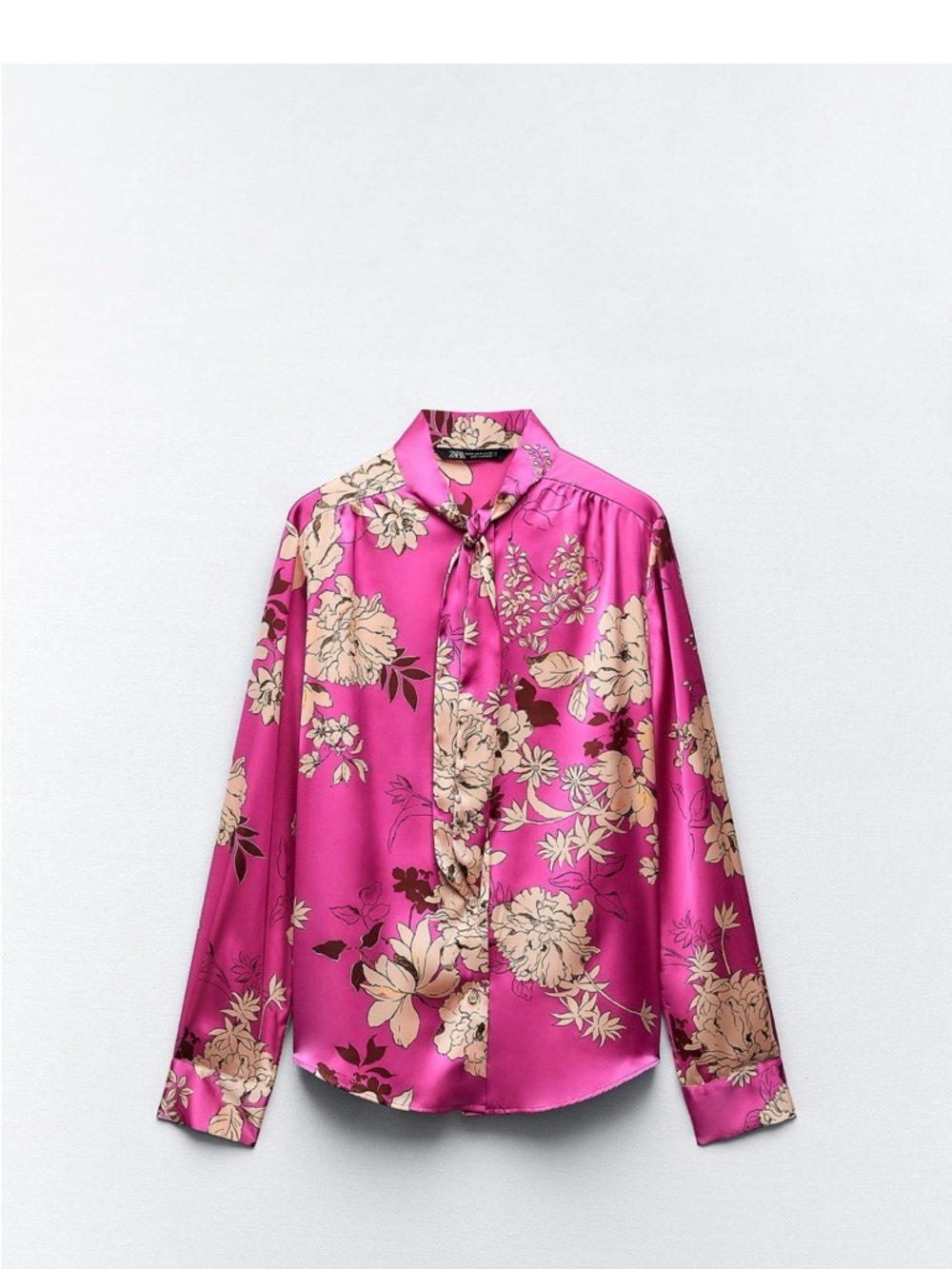 Zara Pink Floral Tie-Neck Satin Blouse